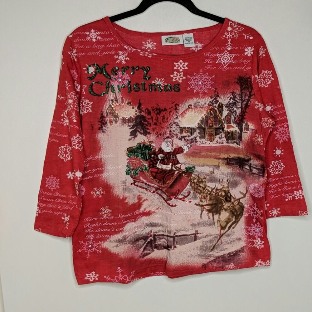 Collections Etc. Christmas Shirt Santa Sequins Snowflakes Scenery M